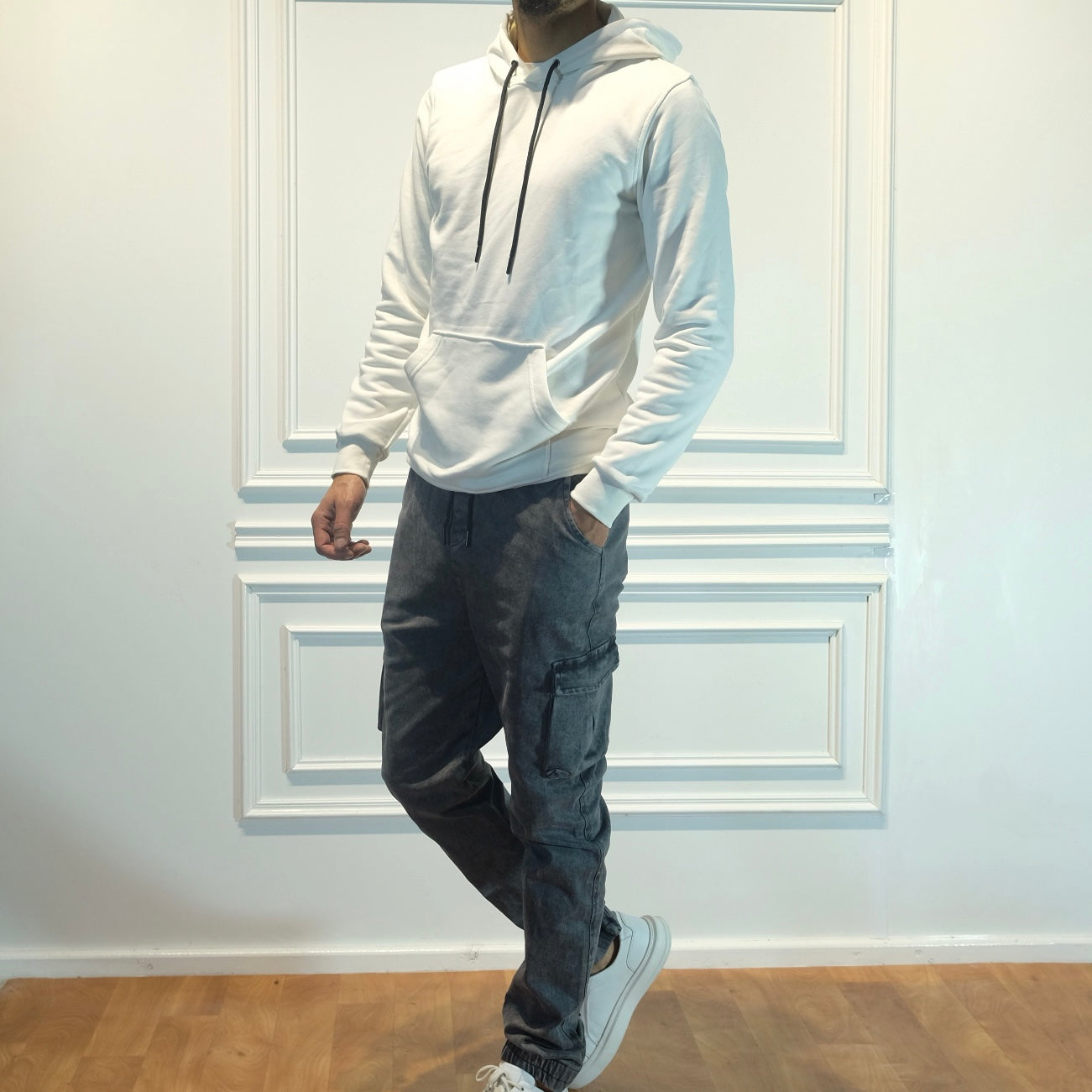 Ensemble Cargo Jeans Délavé Gris  + Capuche Cotton Blanc