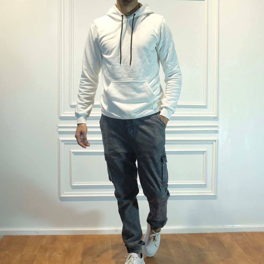 Ensemble Cargo Jeans Délavé Gris  + Capuche Cotton Blanc