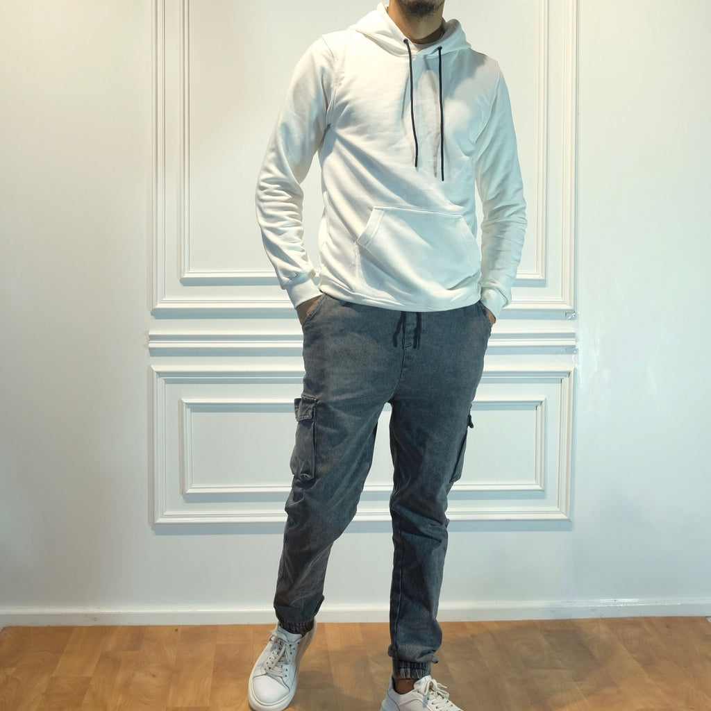 Ensemble Cargo Jeans Délavé Gris  + Capuche Cotton Blanc