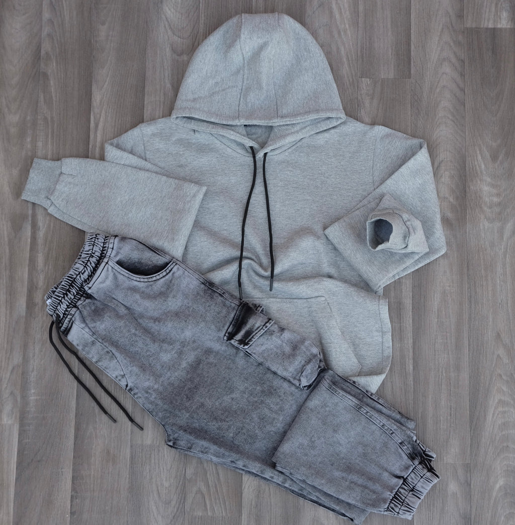 Ensemble Cargo Jeans Délavé Gris  + Capuche Cotton Gris Chine Clair