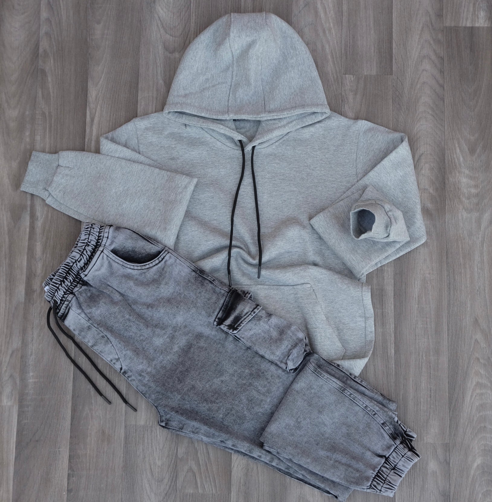 Ensemble Cargo Jeans Délavé Gris  + Capuche Cotton Gris Chine Clair