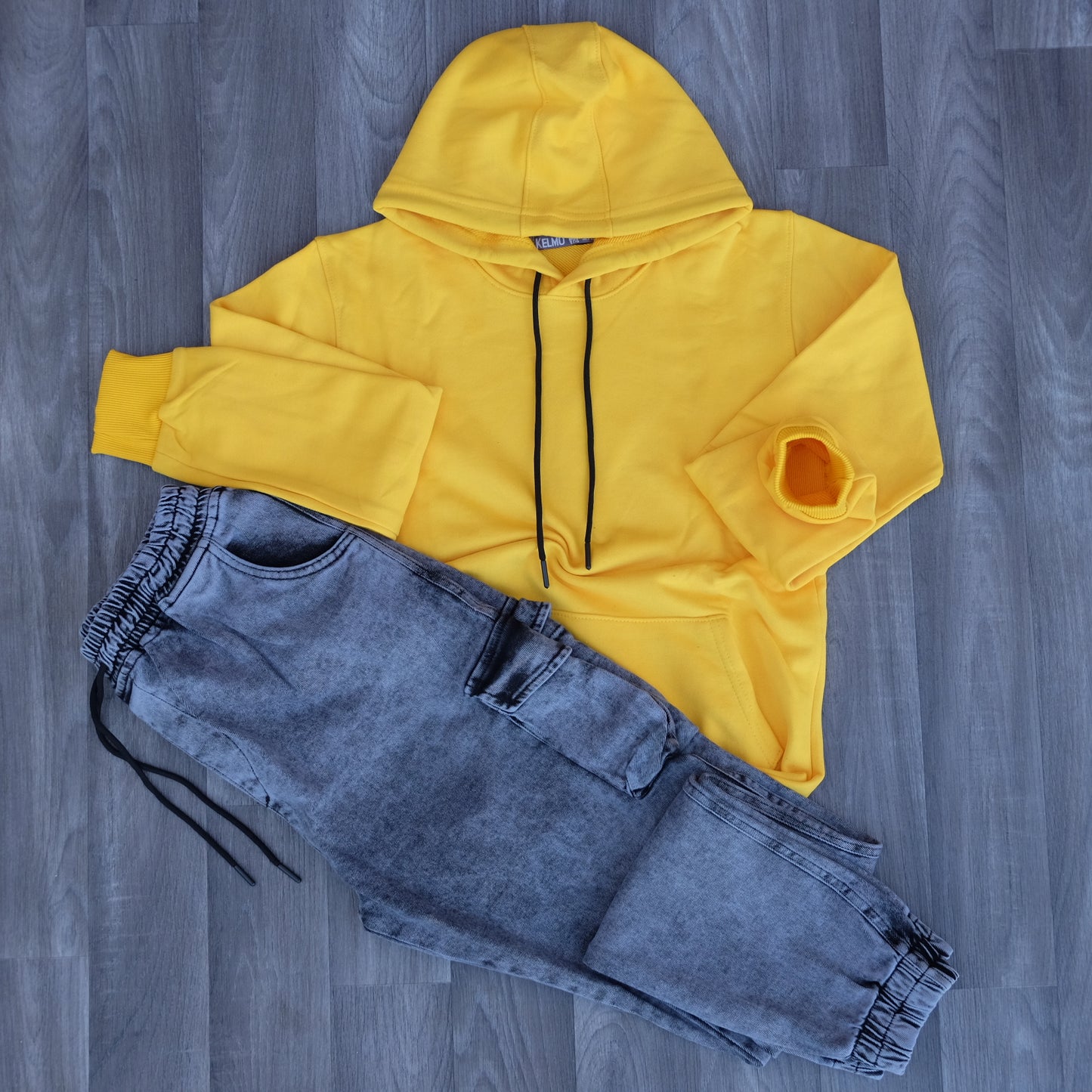 Ensemble Cargo Jeans Délavé Gris  + Capuche Cotton Jaune Fonce