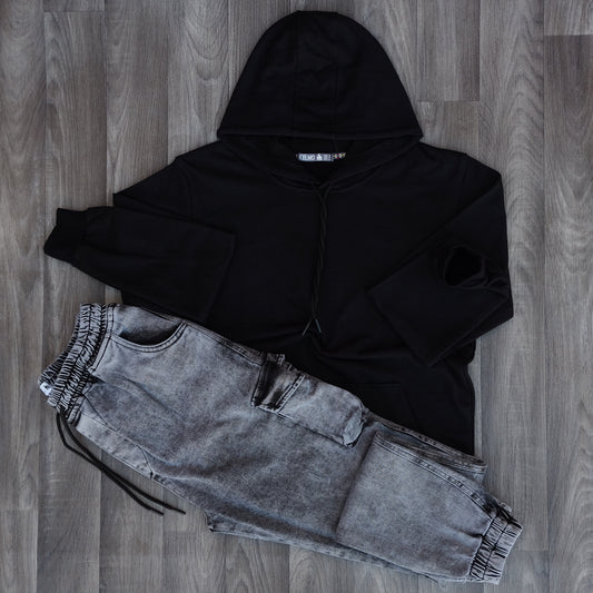 Ensemble Cargo Jeans Délavé Gris + Capuche Cotton Noir
