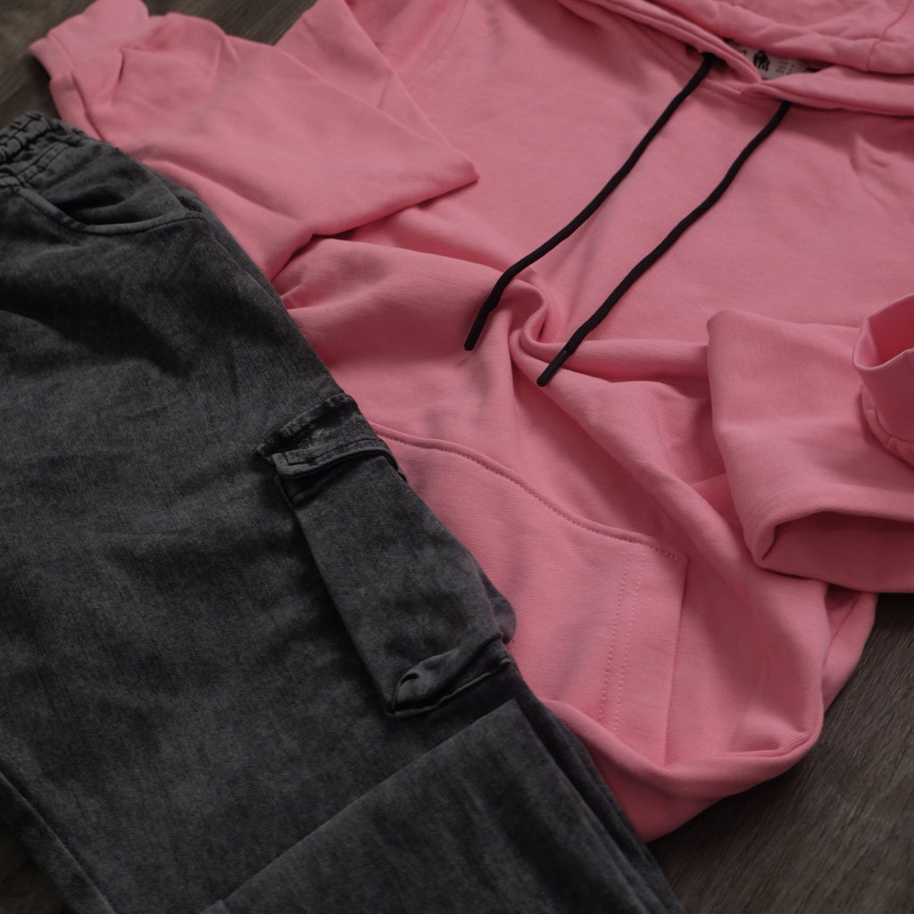 Ensemble Cargo Jeans Délavé Gris  + Capuche Cotton Rose Fushia