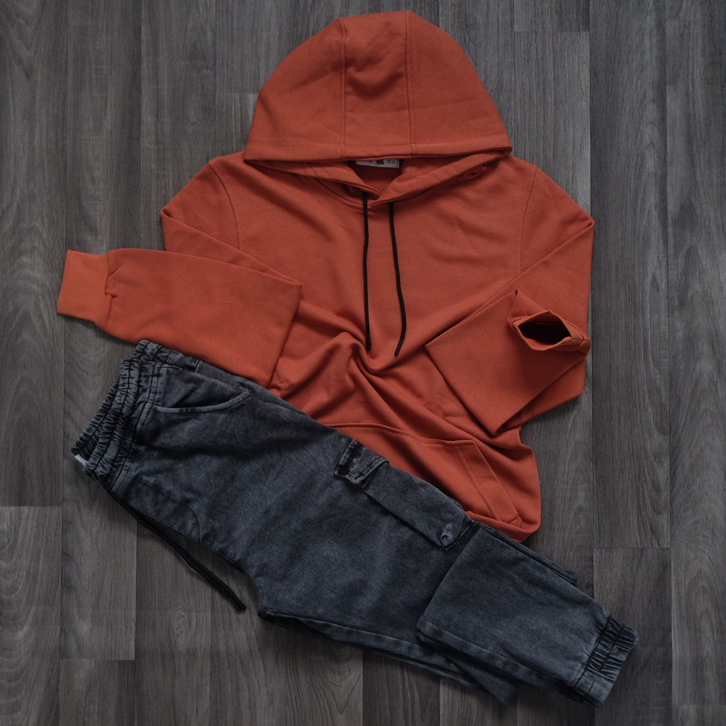 Ensemble Cargo Jeans Délavé Gris  + Capuche Cotton Rouge Brique