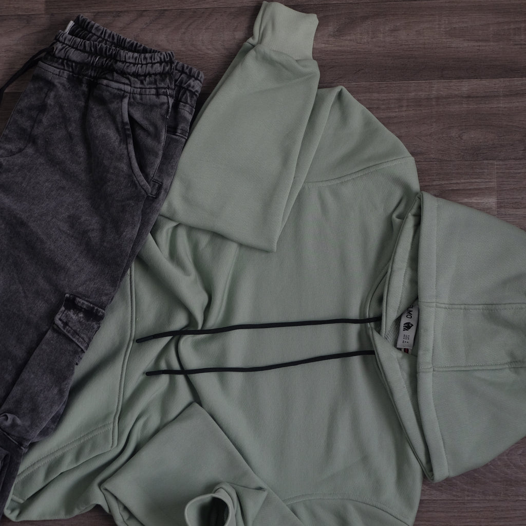 Ensemble Cargo Jeans Délavé Gris  + Capuche Cotton Vert Nik