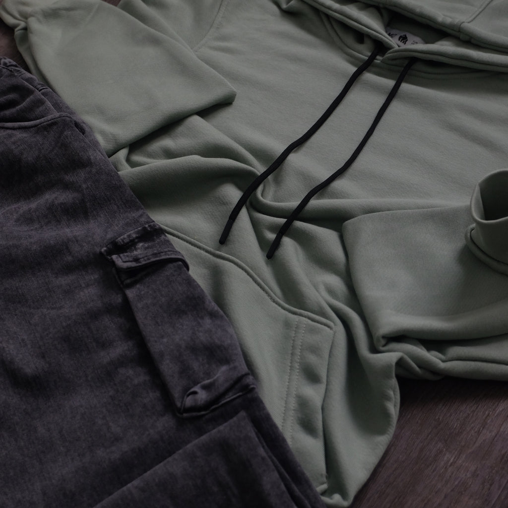 Ensemble Cargo Jeans Délavé Gris  + Capuche Cotton Vert Nik