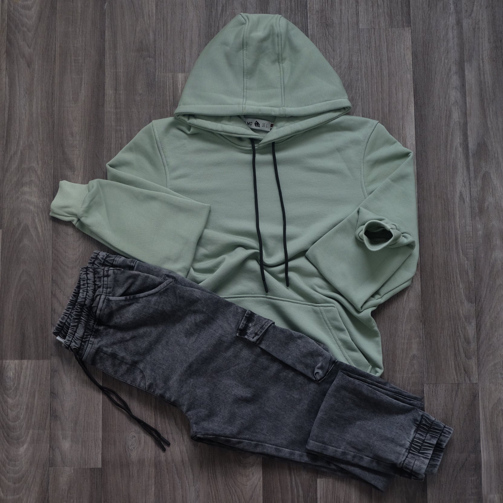 Ensemble Cargo Jeans Délavé Gris  + Capuche Cotton Vert Nik