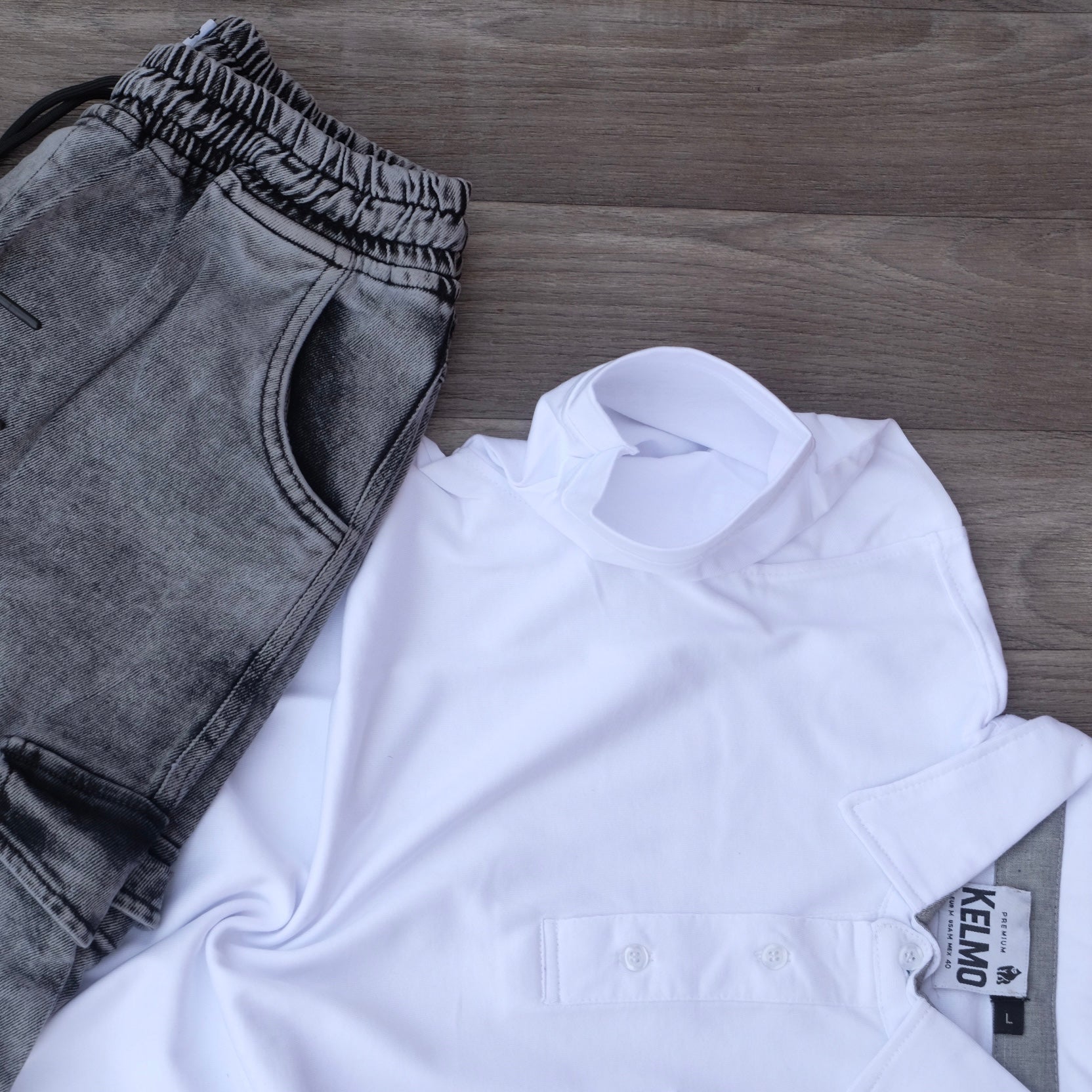 Ensemble Cargo Jeans Délavé Gris  + Polo Blanc