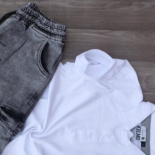 Ensemble Cargo Jeans Délavé Gris  + Polo Blanc