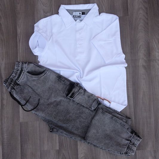Ensemble Cargo Jeans Délavé Gris + Polo Blanc