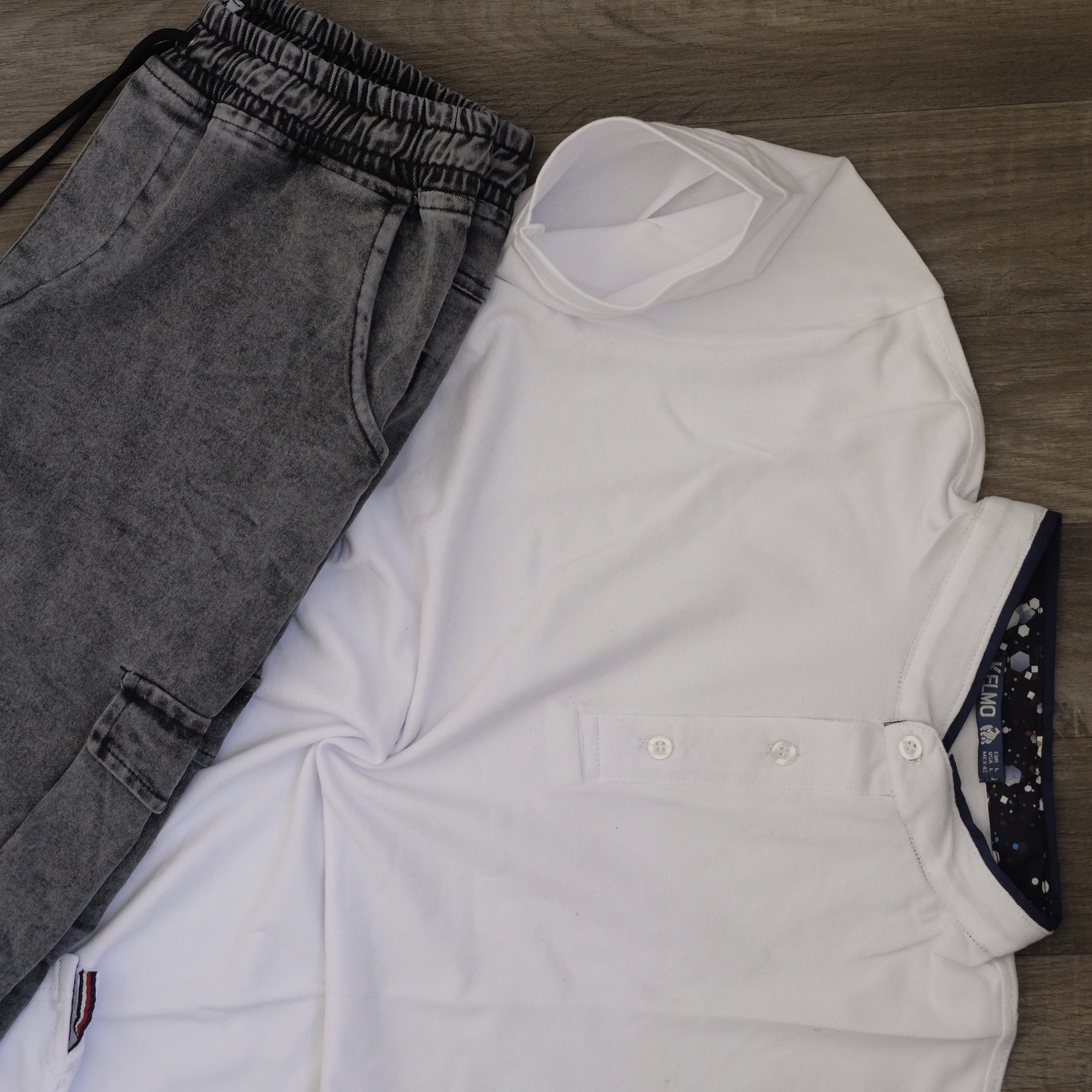 Ensemble Cargo Jeans Délavé Gris  + Polo Col Mao Blanc