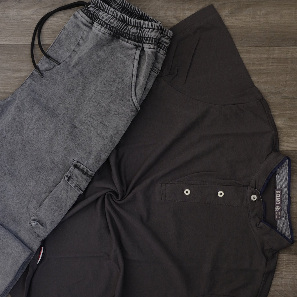 Ensemble Cargo Jeans Délavé Gris  + Polo Col Mao Gris Fonce