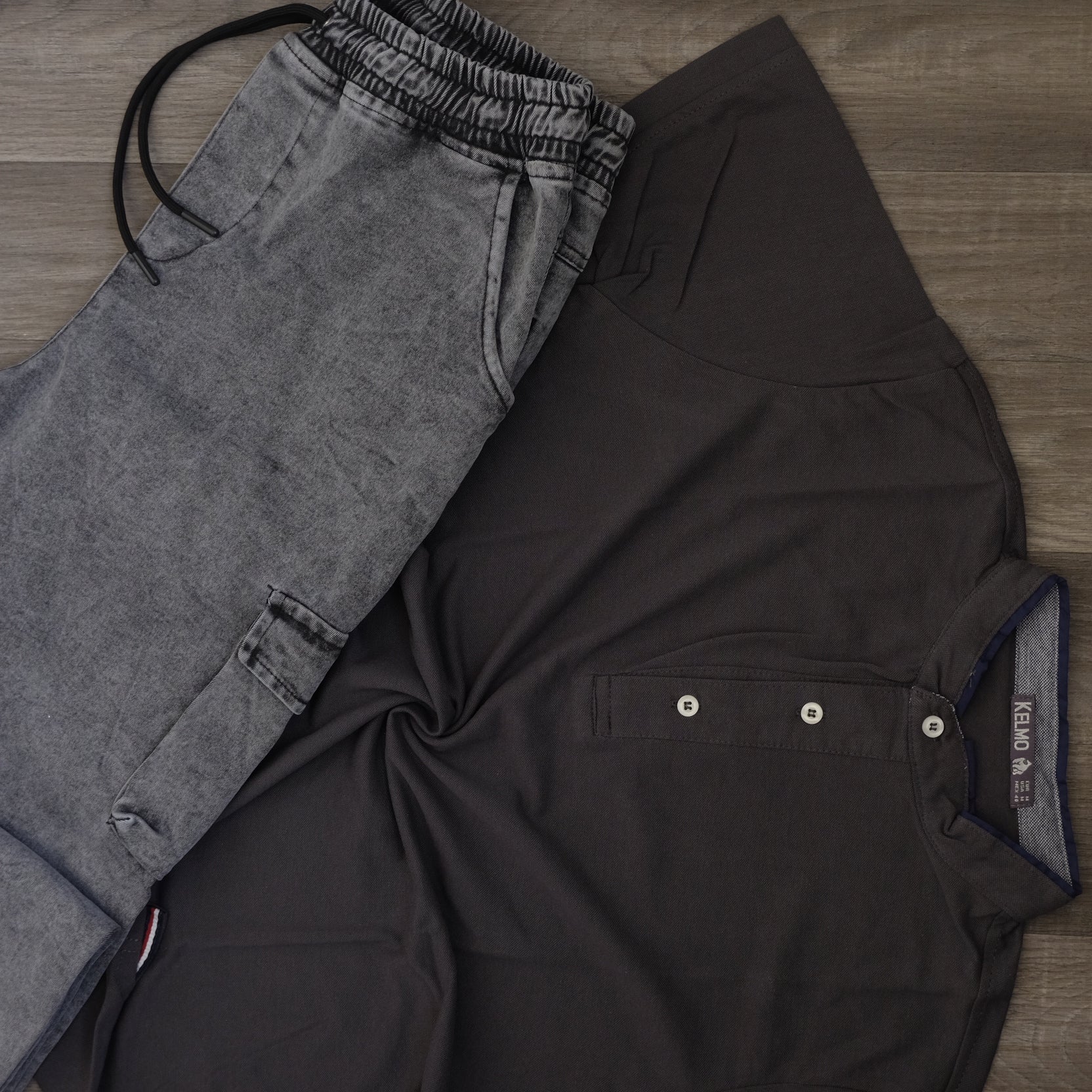 Ensemble Cargo Jeans Délavé Gris  + Polo Col Mao Gris Fonce