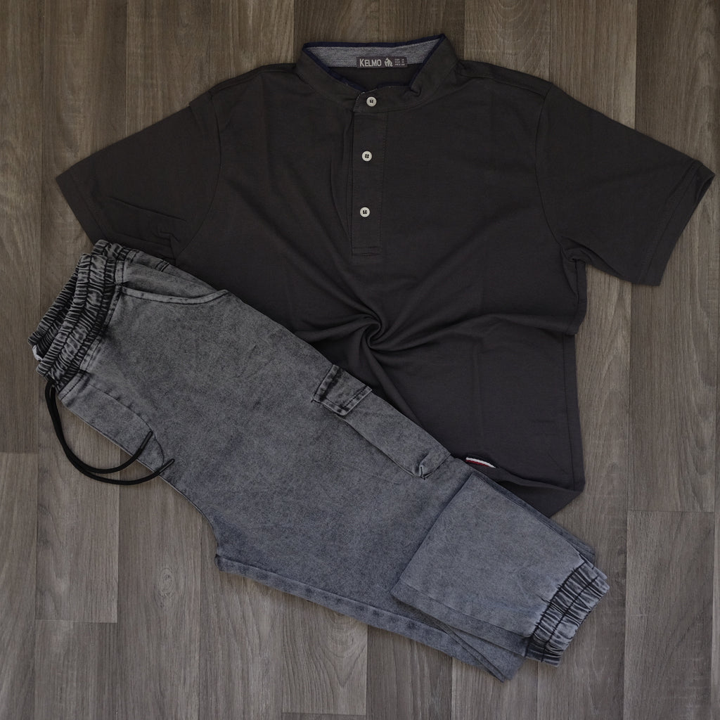 Ensemble Cargo Jeans Délavé Gris  + Polo Col Mao Gris Fonce