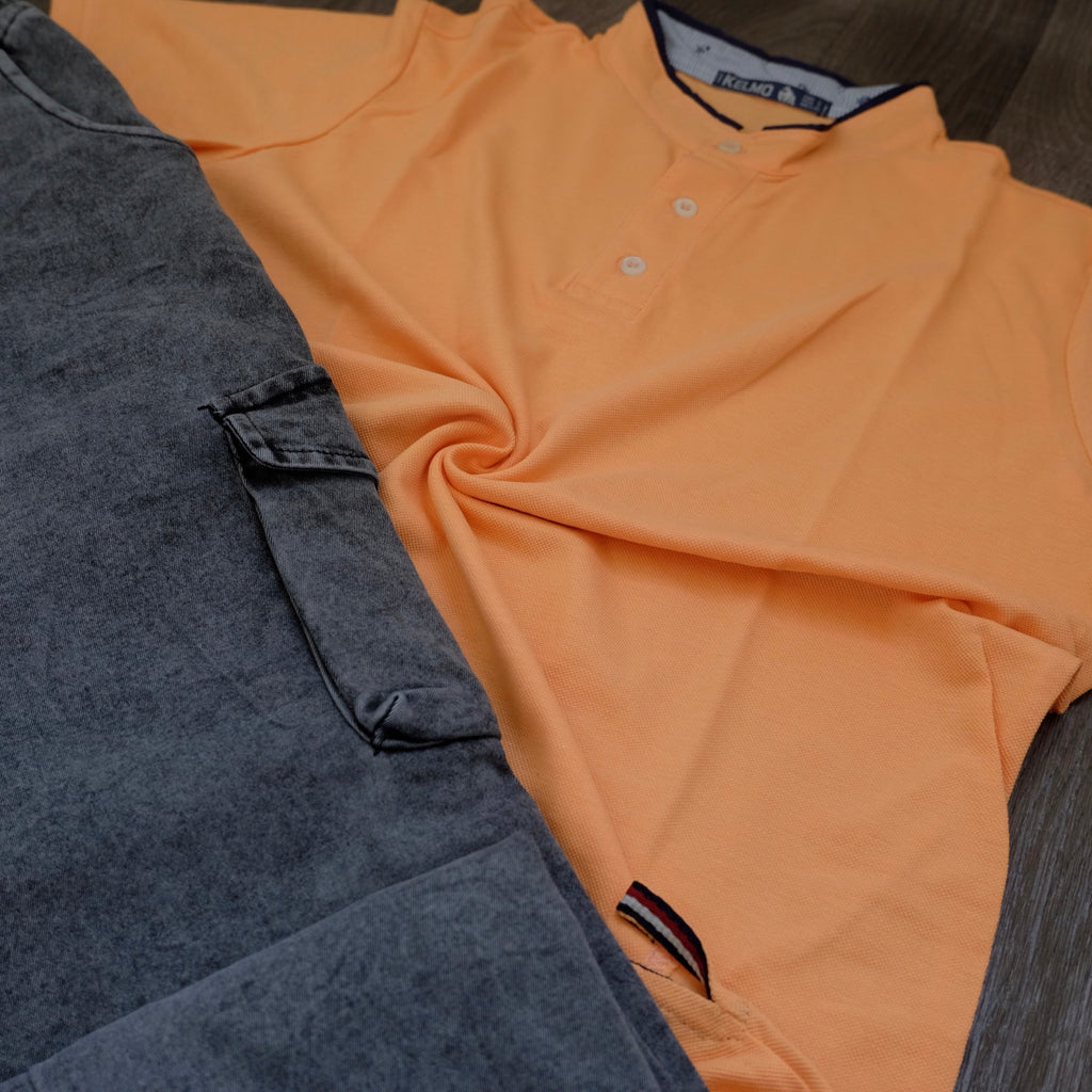 Ensemble Cargo Jeans Délavé Gris  + Polo Col Mao Saumon