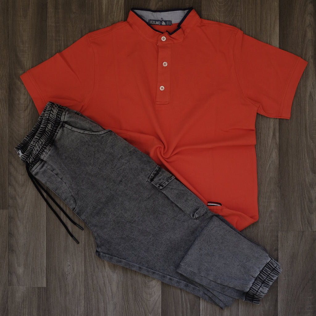 Ensemble Cargo Jeans Délavé Gris  + Polo Col Mao Orange