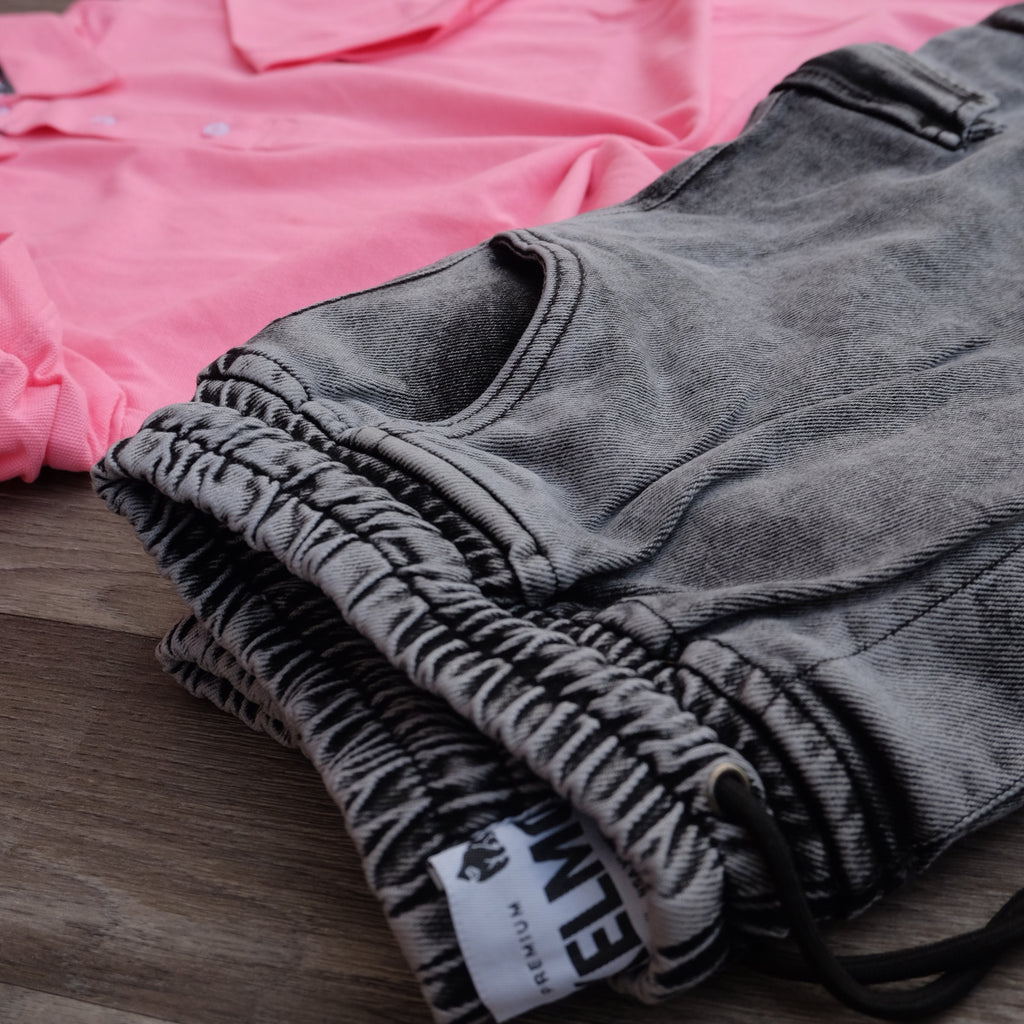 Ensemble Cargo Jeans Délavé Gris  + Polo Rose Clair