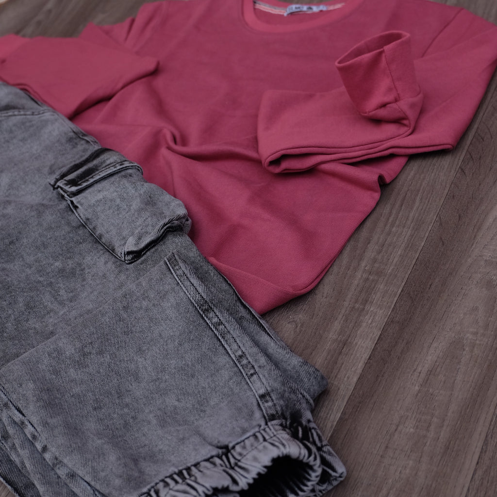 Ensemble Cargo Jeans Délavé Gris  + Sweat Grenat Clair