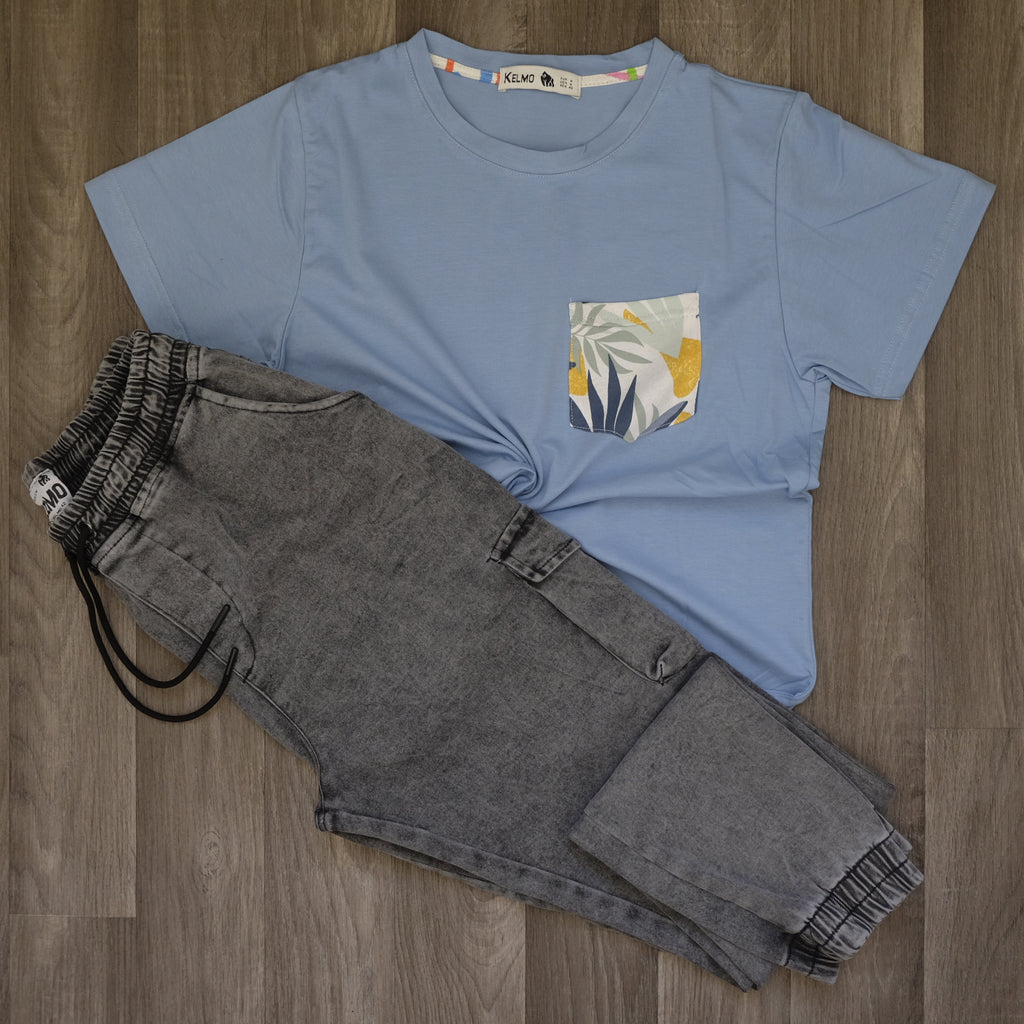 Ensemble Cargo Jeans Délavé Gris  + T-Shirt Poche Bleu Ciel