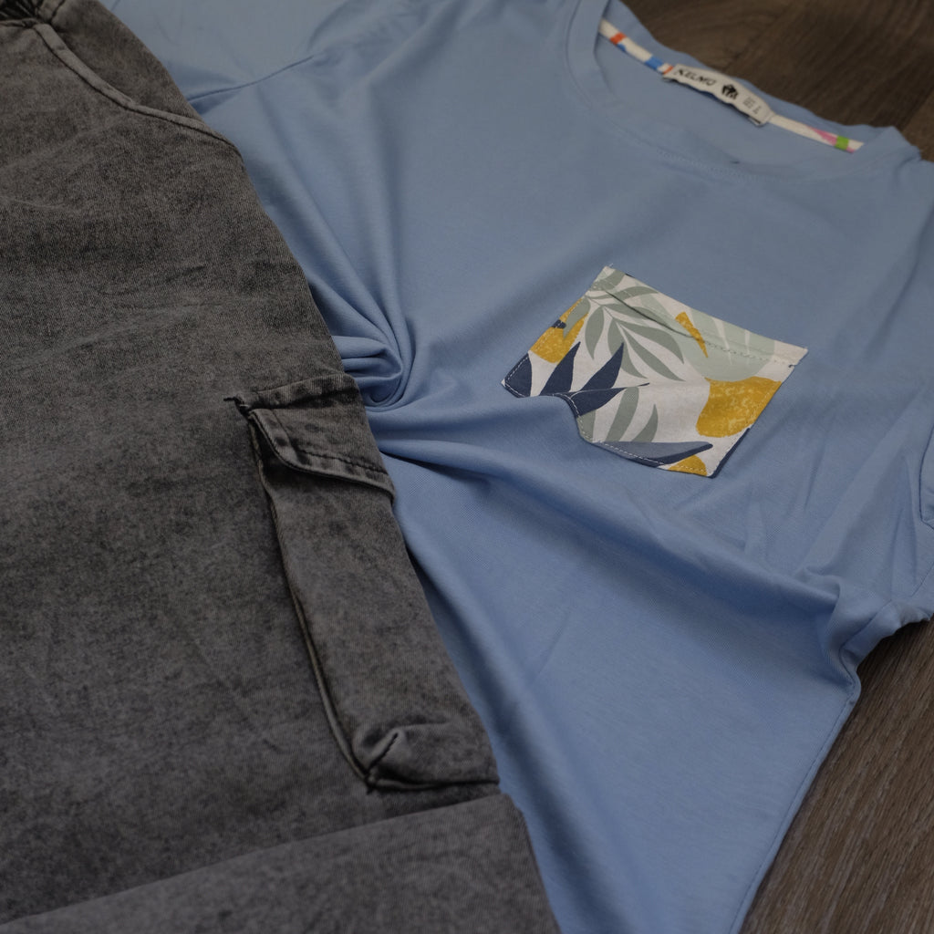 Ensemble Cargo Jeans Délavé Gris  + T-Shirt Poche Bleu Ciel