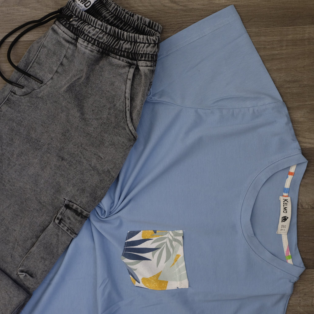 Ensemble Cargo Jeans Délavé Gris  + T-Shirt Poche Bleu Ciel