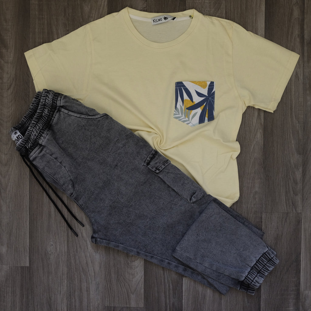 Ensemble Cargo Jeans Délavé Gris  + T-Shirt Poche Jaune Poussin
