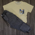 Ensemble Cargo Jeans Délavé Gris  + T-Shirt Poche Jaune Poussin