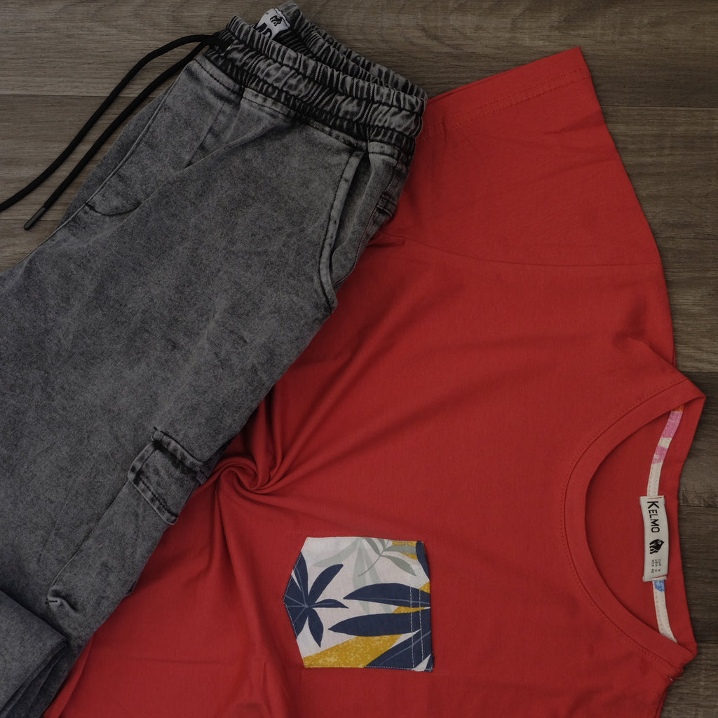 Ensemble Cargo Jeans Délavé Gris  + T-Shirt Poche Rouge