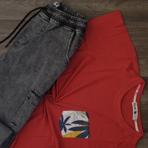 Ensemble Cargo Jeans Délavé Gris  + T-Shirt Poche Rouge