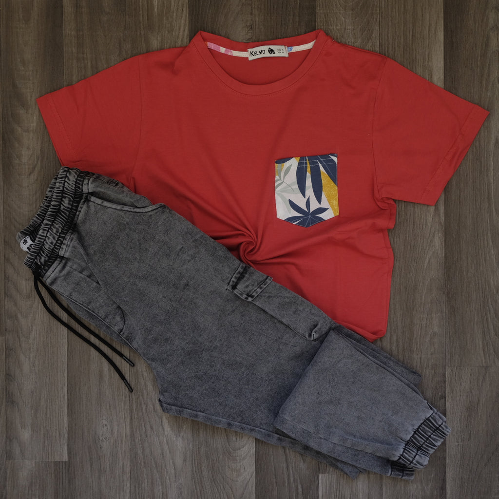 Ensemble Cargo Jeans Délavé Gris  + T-Shirt Poche Rouge