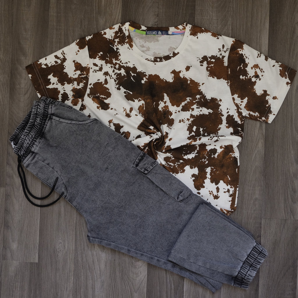 Ensemble Cargo Jeans Délavé Gris  + T-Shirt Tie Dye Blanc