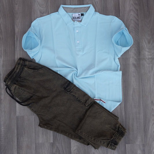 Ensemble Cargo Jeans Délavé Kaki + Polo Bleu Ciel