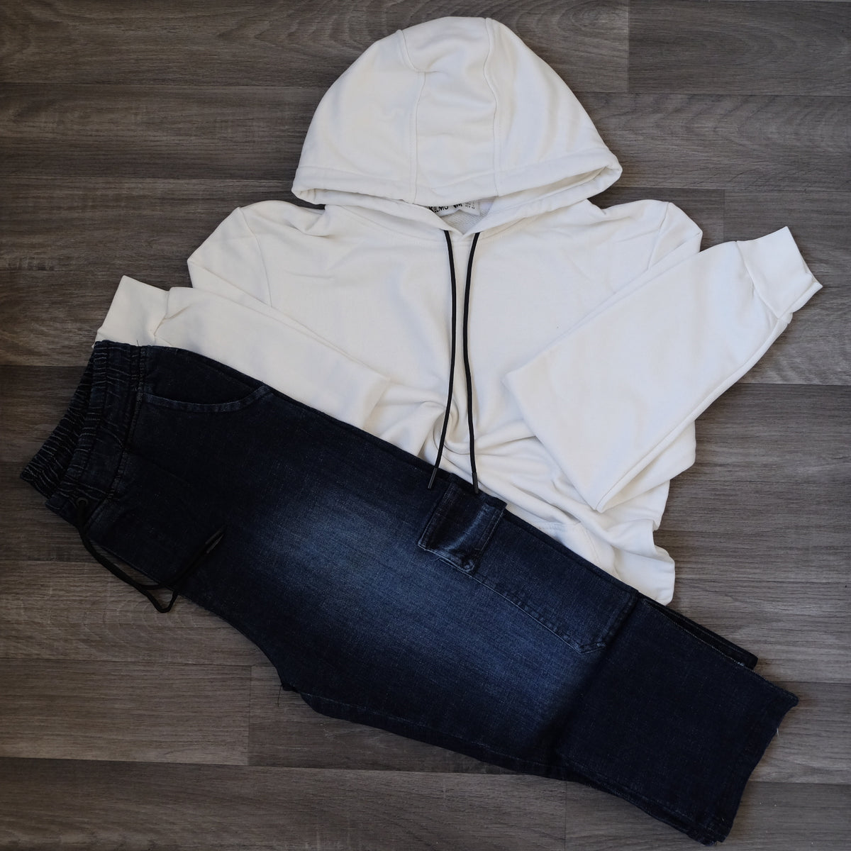 Ensemble Cargo Jeans Droit Bleu  + Capuche Cotton Blanc