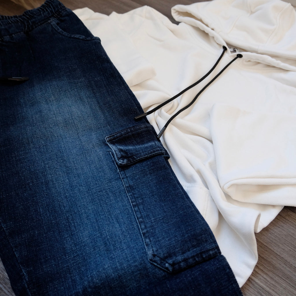 Ensemble Cargo Jeans Droit Bleu  + Capuche Cotton Blanc