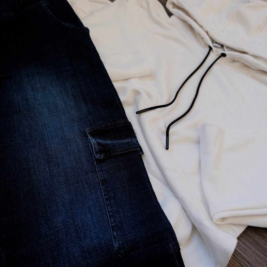 Ensemble Cargo Jeans Droit Bleu  + Capuche Cotton Blanc