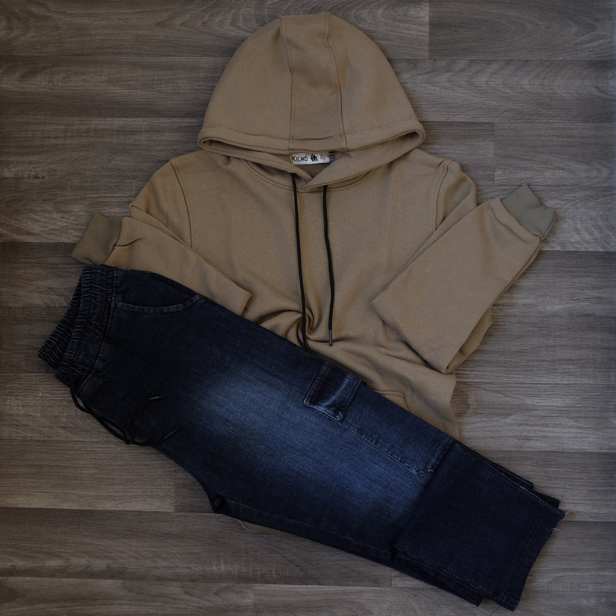 Ensemble Cargo Jeans Droit Bleu  + Capuche Cotton Kaki Clair