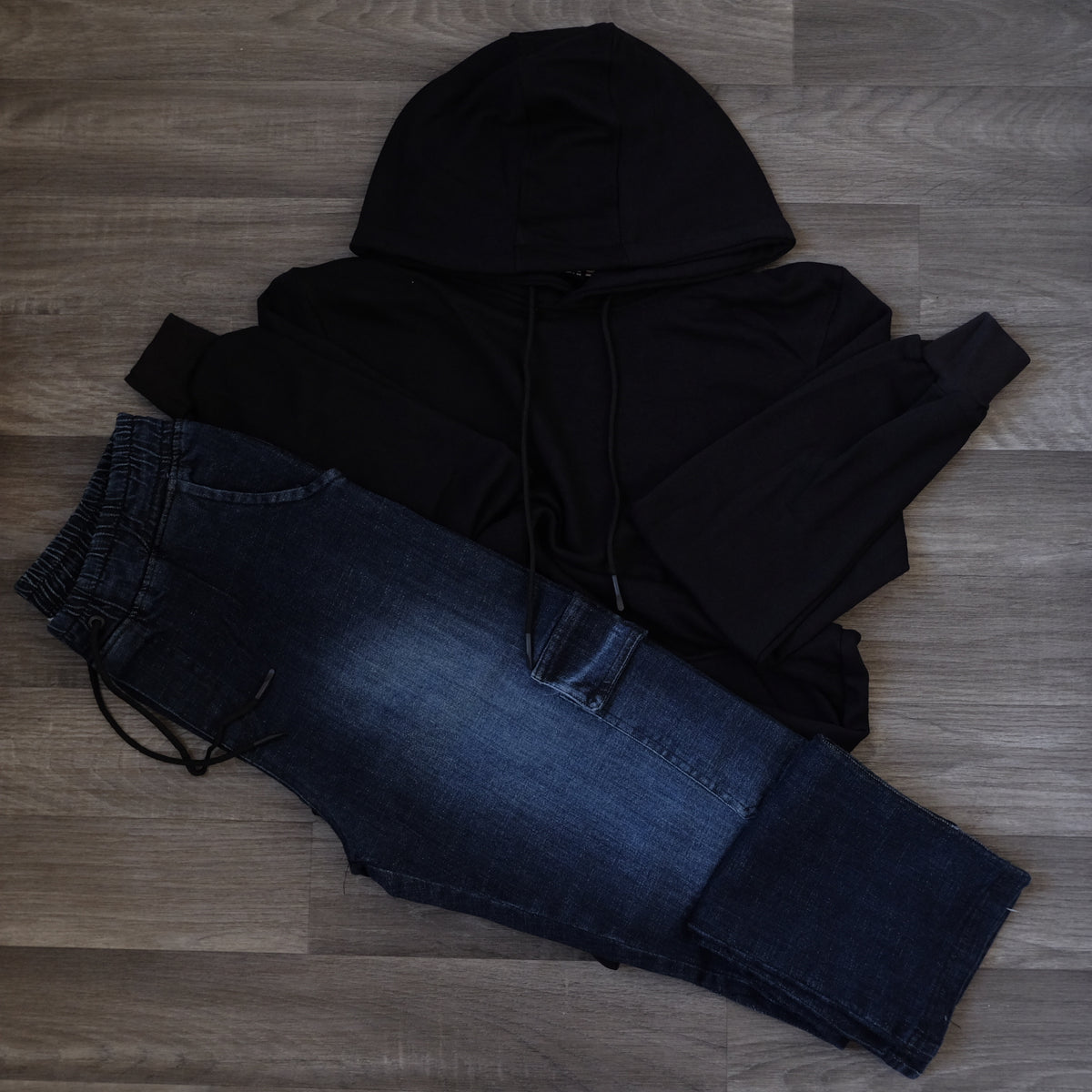 Ensemble Cargo Jeans Droit Bleu  + Capuche Cotton Noir