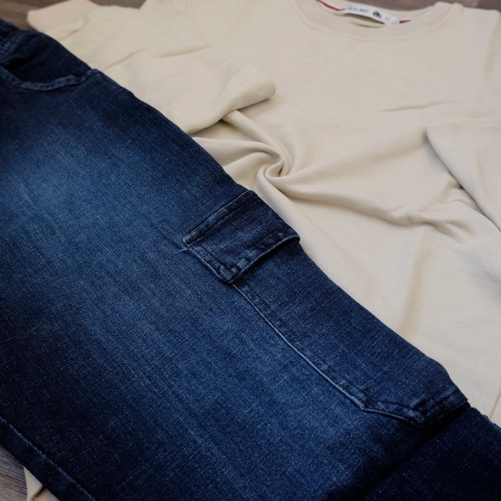 Ensemble Cargo Jeans Droit Bleu  + Sweat Beige