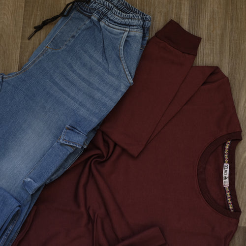 Ensemble Cargo Jeans Bleu  + Sweat Grenat