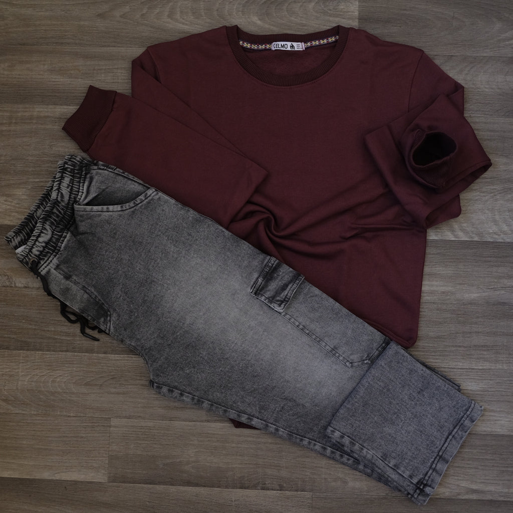 Ensemble Cargo Jeans Droit Gris  + Sweat Grenat