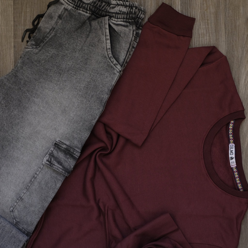 Ensemble Cargo Jeans Droit Gris  + Sweat Grenat