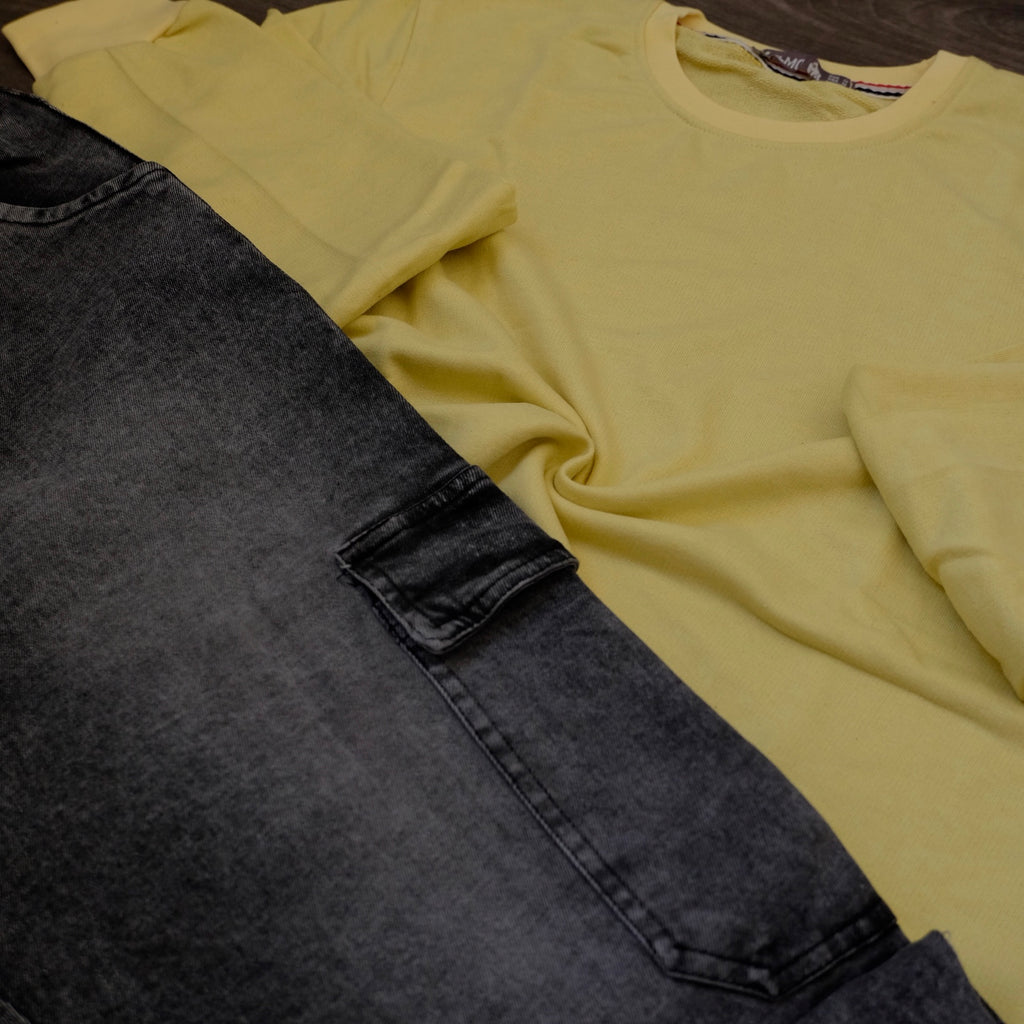 Ensemble Cargo Jeans Droit Gris  + Sweat Jaune Poussin
