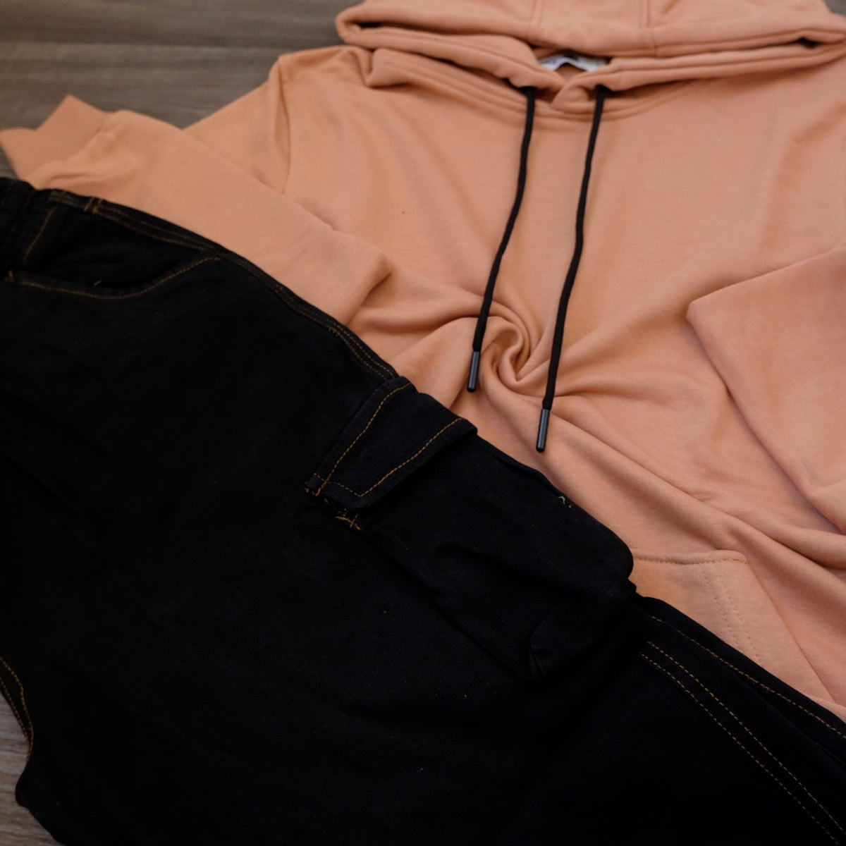 Ensemble Cargo Jeans Noir  + Capuche Cotton Beige Caramel