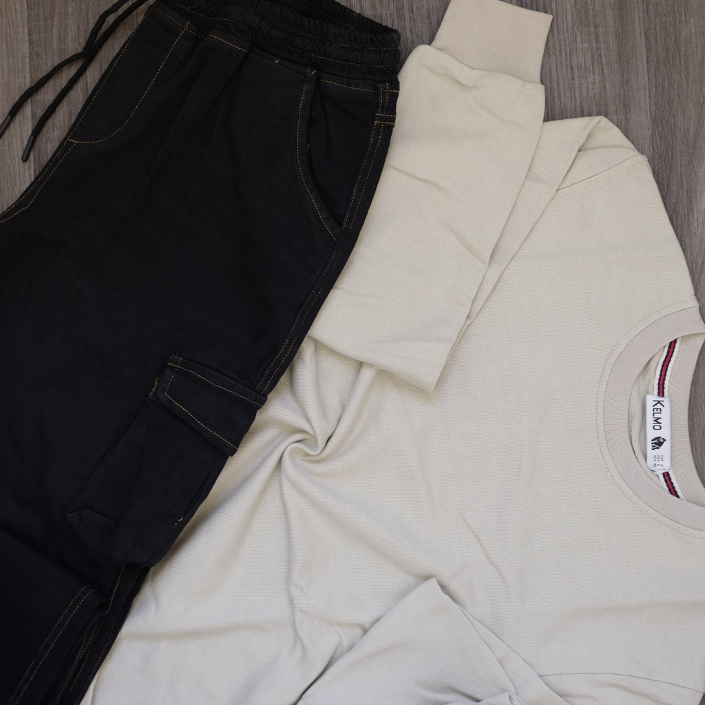 Ensemble Cargo Jeans Noir  + Sweat Beige