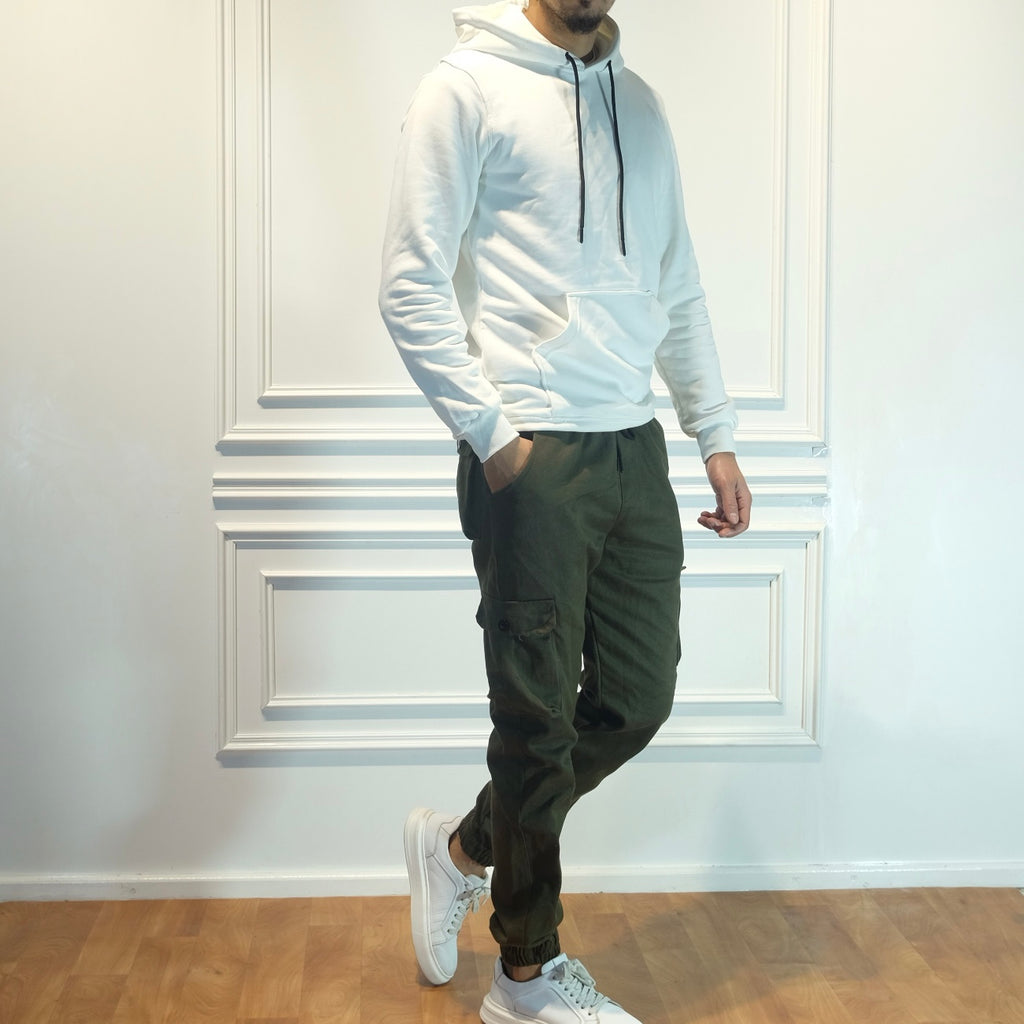 Ensemble Cargo Kaki Fonce+ Capuche Cotton Blanc