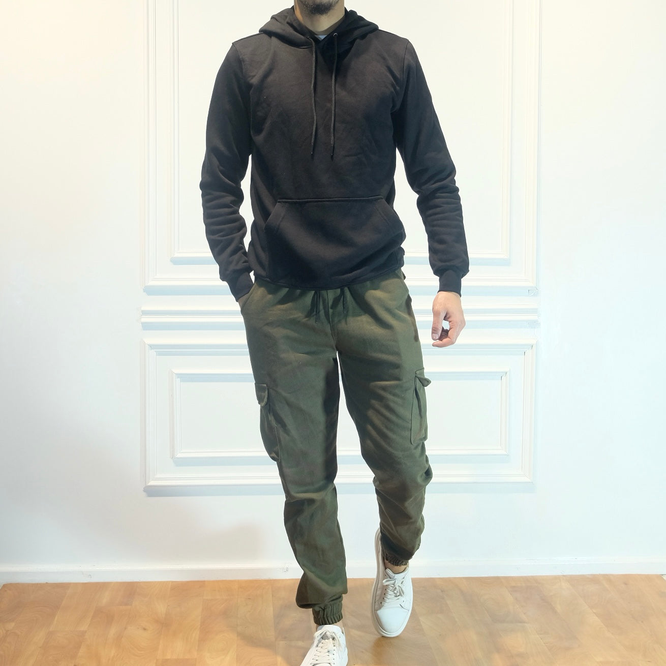 Ensemble Cargo Kaki Fonce+ Capuche Cotton Noir