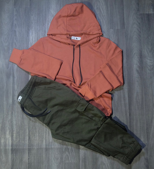 Ensemble Cargo Kaki Fonce + Capuche Cotton Rouge Brique