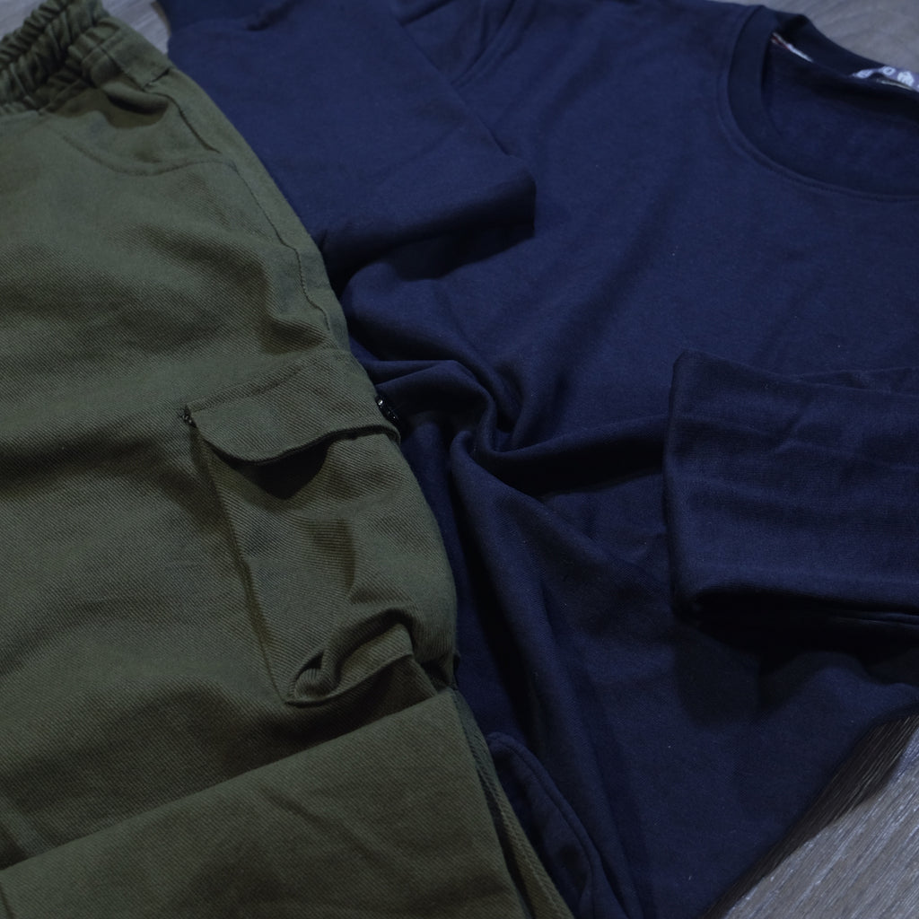 Ensemble Cargo Kaki Fonce + Sweat Bleu Marine