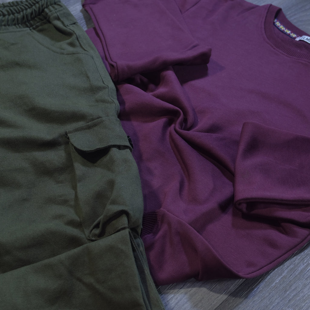 Ensemble Cargo Kaki Fonce + Sweat Grenat